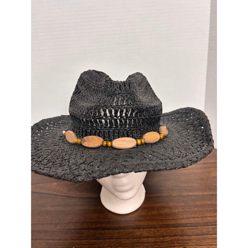 Goldcoast Sunwear Black Woven Cowboy Hat Wood Bead Band Boho Western One Size